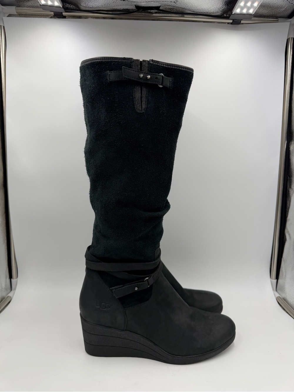 UGG Lesley Boots Knee High Side Zip Buckle Straps Black 1005266 Womens 10 US